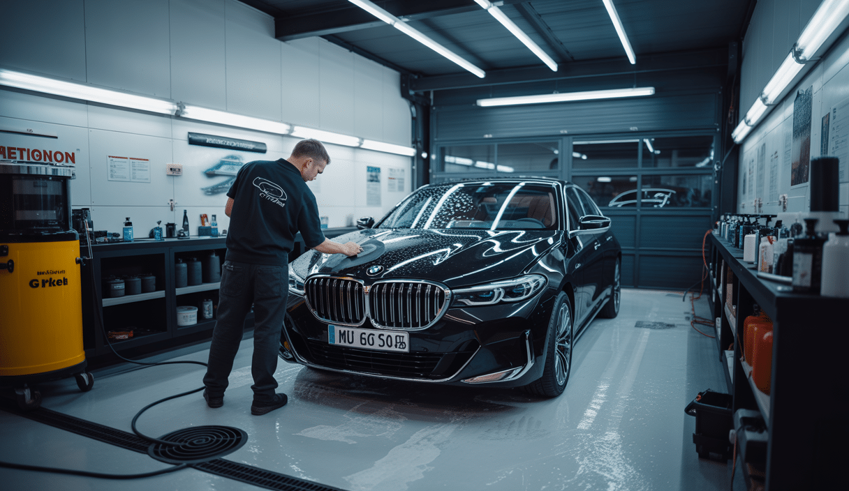 Centre de detailing automobile haut de gamme dans les Yvelines avec une BMW en cours de lavage et polissage professionnel