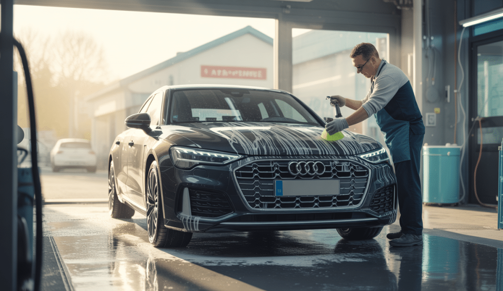 Une Audi haut de gamme propre sans micro-rayures, lavée à la main dans un centre de lavage professionnel dans les Yvelines, avec un environnement soigné et lumineux