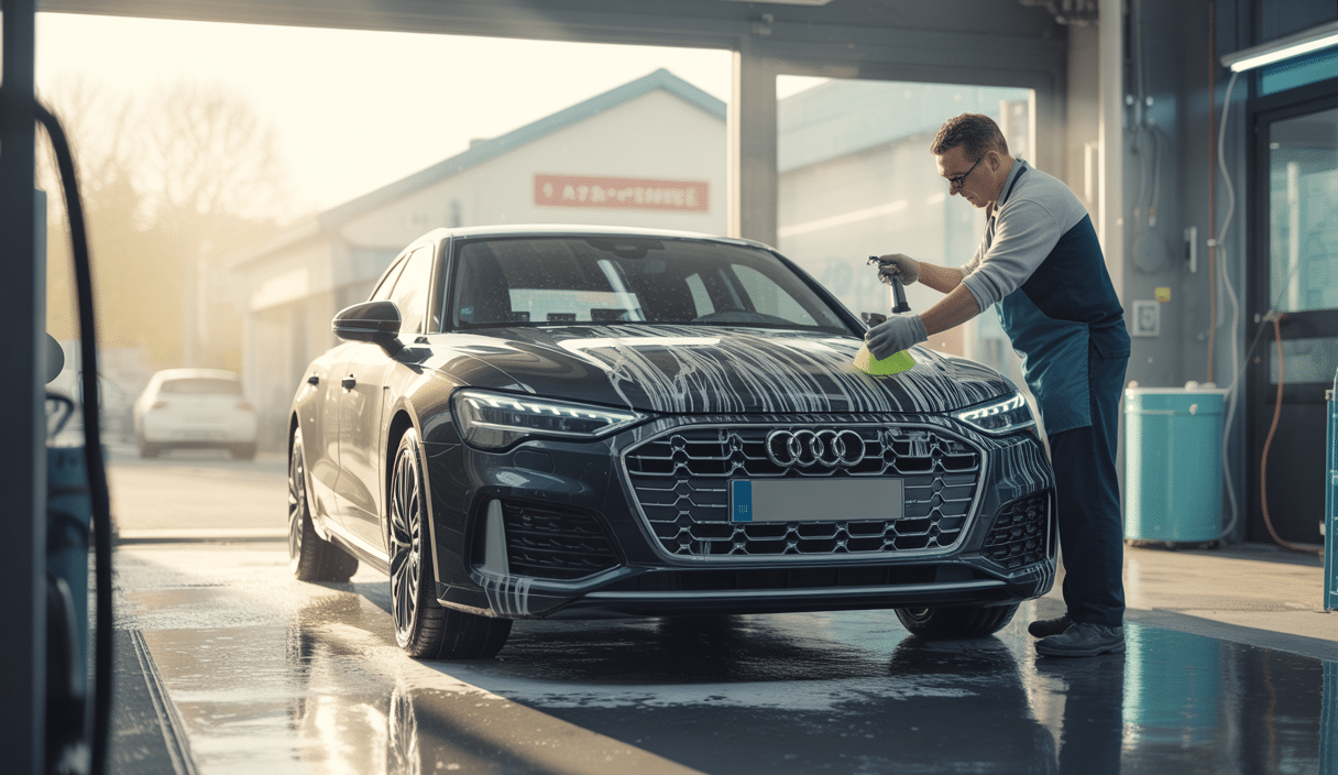 Une Audi haut de gamme propre sans micro-rayures, lavée à la main dans un centre de lavage professionnel dans les Yvelines, avec un environnement soigné et lumineux