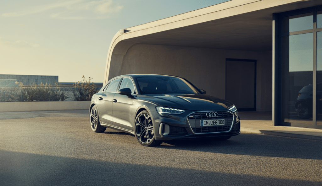 Vue rapprochée d'une Audi propre dans les Yvelines, montrant une carrosserie brillante et des plastiques impeccables sous une lumière naturelle douce