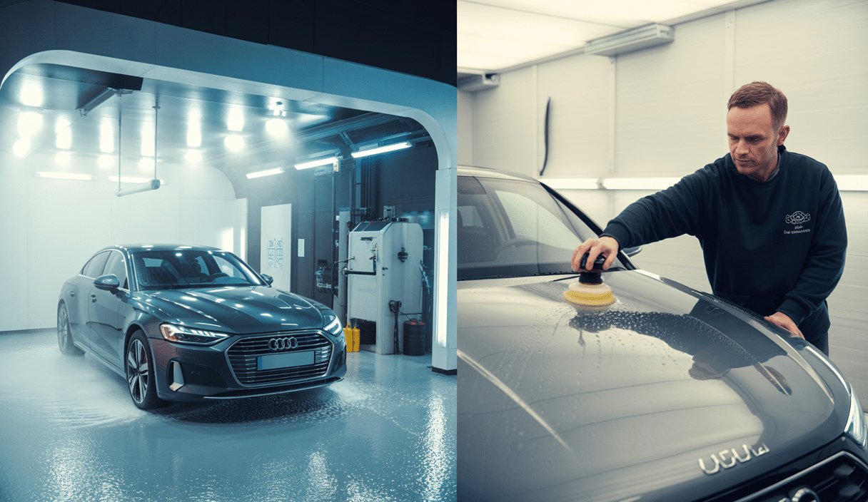 Comparaison entre lavage automatique de voiture Audi dans une station de lavage en Yvelines et formation au detailing à Versailles