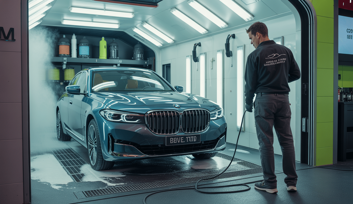 Vue d'un centre de lavage et detailing automobile haut de gamme pour BMW dans les Yvelines, avec options écologiques et traditionnelles