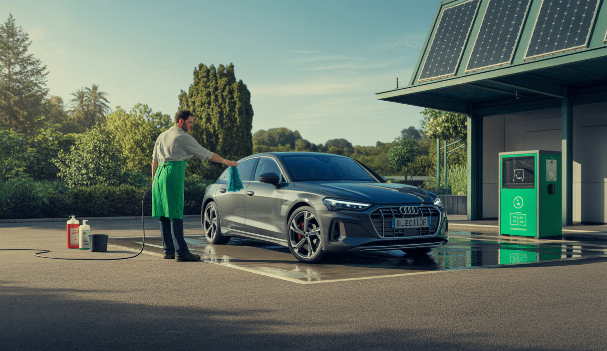 Audi propre lavée écologiquement dans une station de lavage écoresponsable des Yvelines avec un paysage verdoyant en arrière-plan