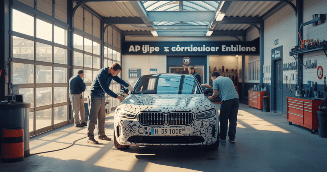 Intérieur et extérieur d'un garage automobile moderne dans les Yvelines avec centre de detailing en action, montrant un véhicule en phase de rénovation sous une lumière naturelle équilibrée.