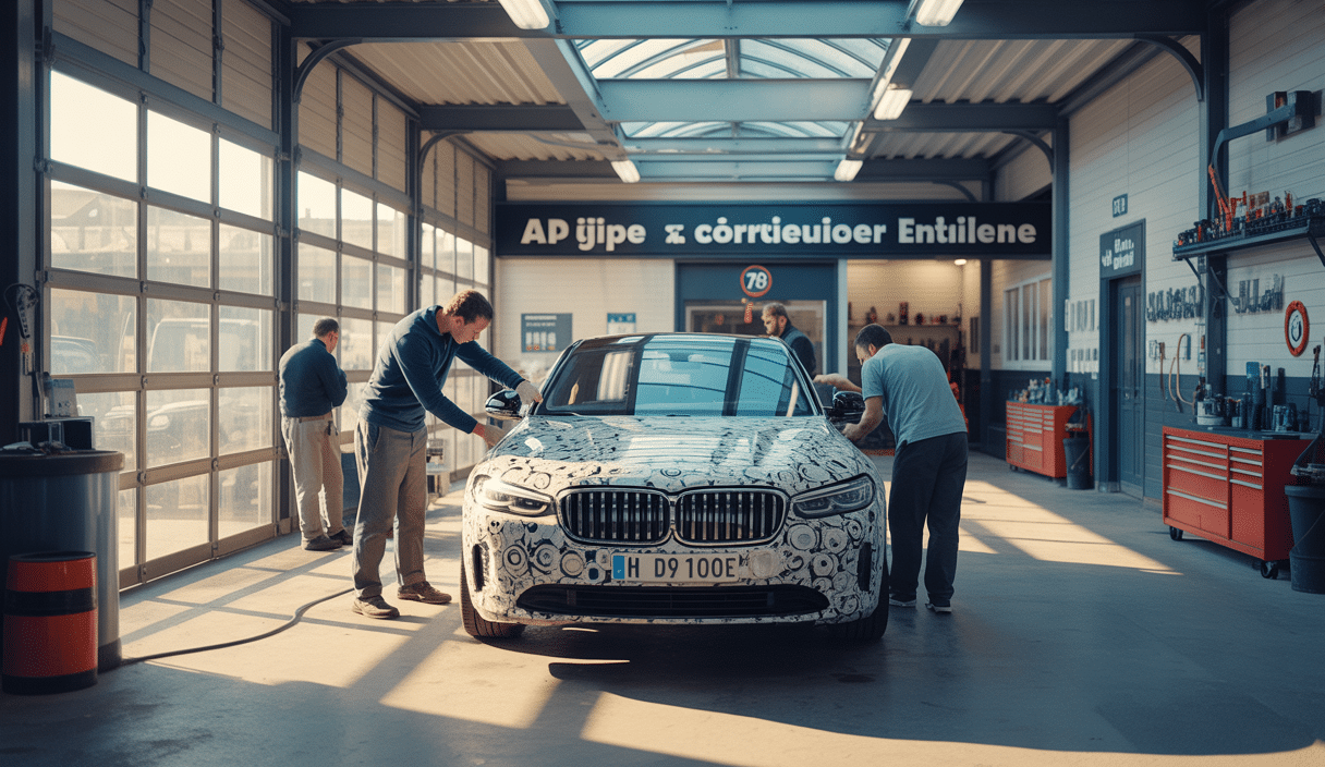 Intérieur et extérieur d'un garage automobile moderne dans les Yvelines avec centre de detailing en action, montrant un véhicule en phase de rénovation sous une lumière naturelle équilibrée.