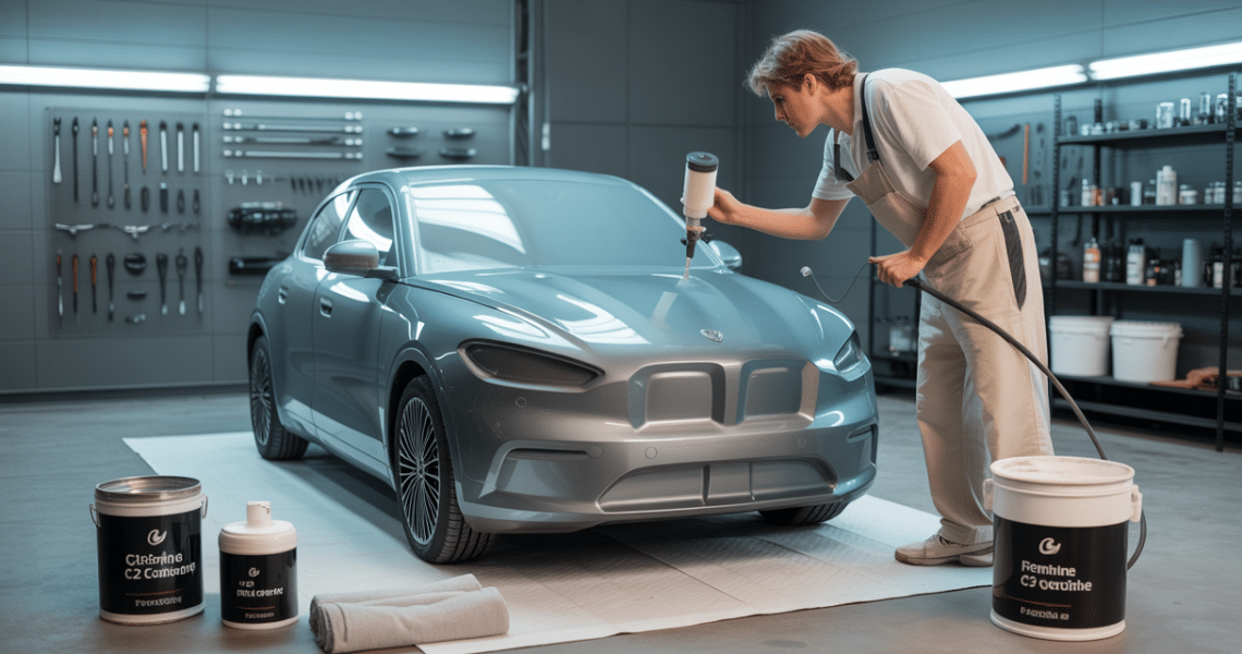 Personne appliquant un revêtement céramique sur la carrosserie d'une voiture grise dans un garage lumineux et propre