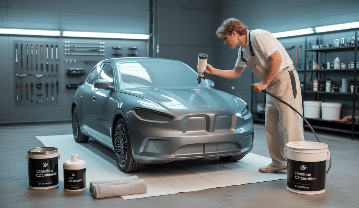 Personne appliquant un revêtement céramique sur la carrosserie d'une voiture grise dans un garage lumineux et propre