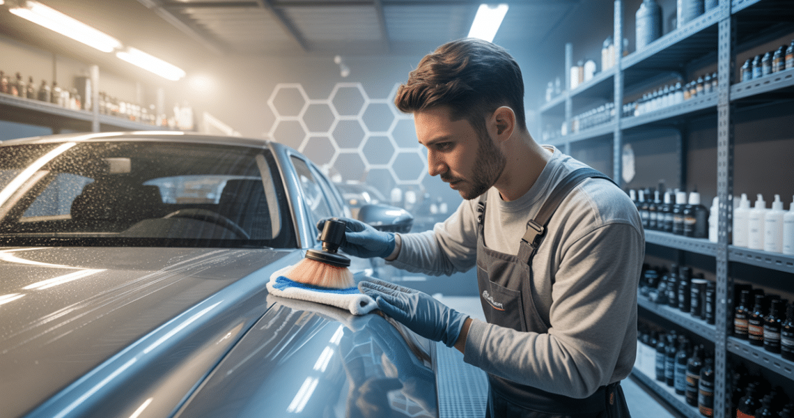 Application de revêtement céramique sur carrosserie automobile par un professionnel en atelier dédié
