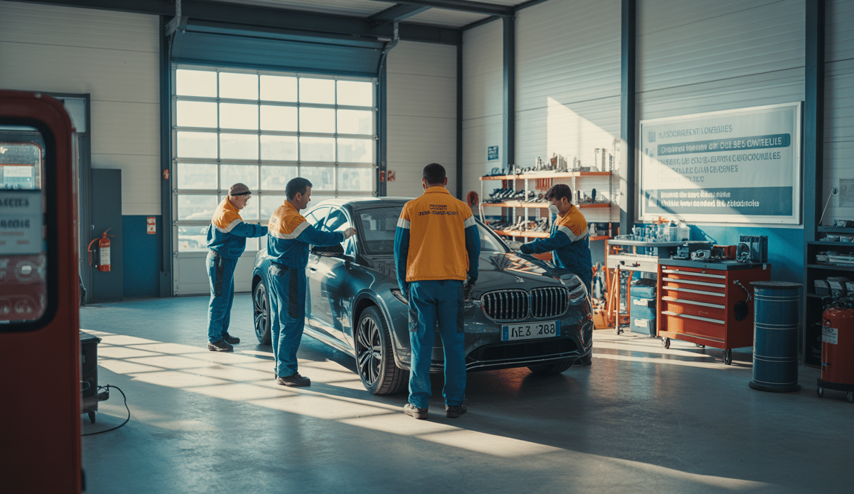Garage de rénovation automobile fiable dans les Yvelines avec spécialistes à l'œuvre, illustration d’un centre auto moderne et professionnel