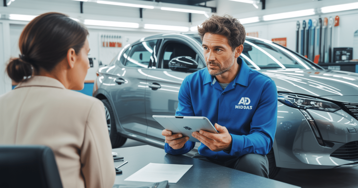Intérieur moderne d'un centre de rénovation automobile dans les Yvelines avec un garagiste en tenue professionnelle discutant avec un client, mettant en avant une communication claire et transparente.