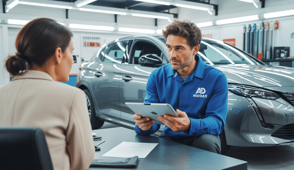 Intérieur moderne d'un centre de rénovation automobile dans les Yvelines avec un garagiste en tenue professionnelle discutant avec un client, mettant en avant une communication claire et transparente.