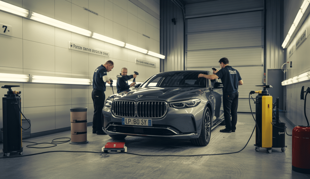 Intérieur professionnel d'un centre de rénovation automobile dans les Yvelines, avec experts réalisant un detailing complet sur une voiture moderne, ambiance lumineuse et moderne