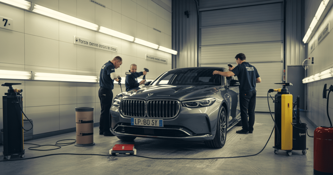 Intérieur professionnel d'un centre de rénovation automobile dans les Yvelines, avec experts réalisant un detailing complet sur une voiture moderne, ambiance lumineuse et moderne