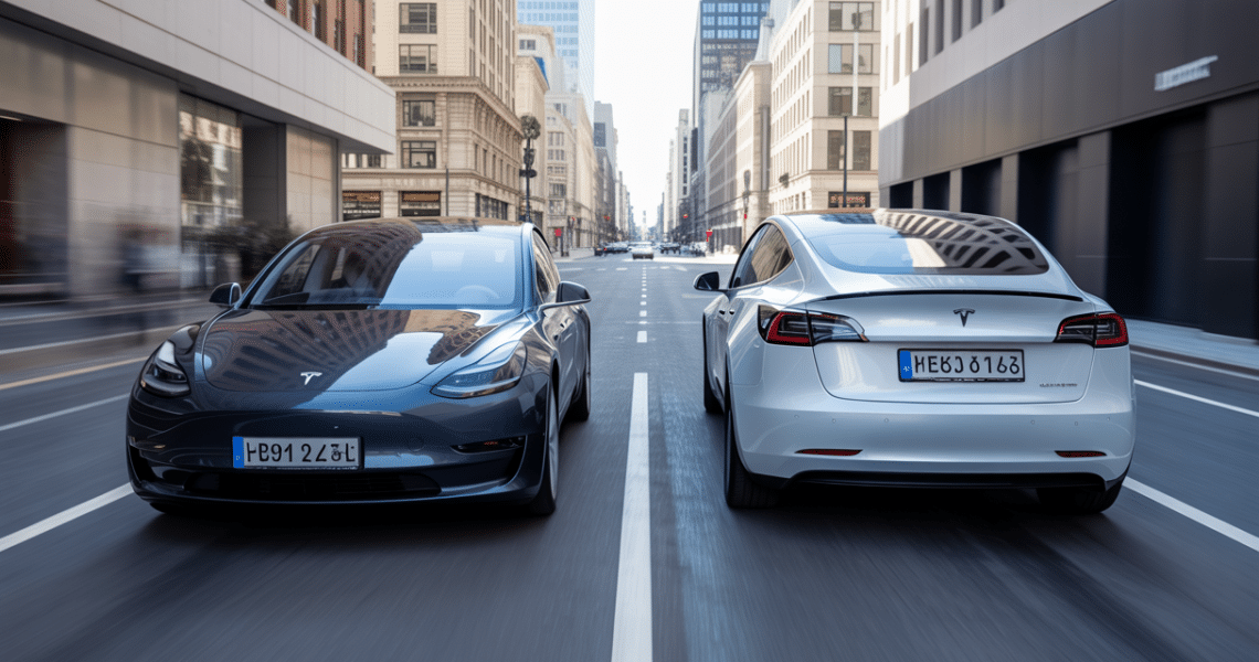 Tesla Model 3 et Model Y avec traitement céramique brillant sous lumière naturelle urbaine