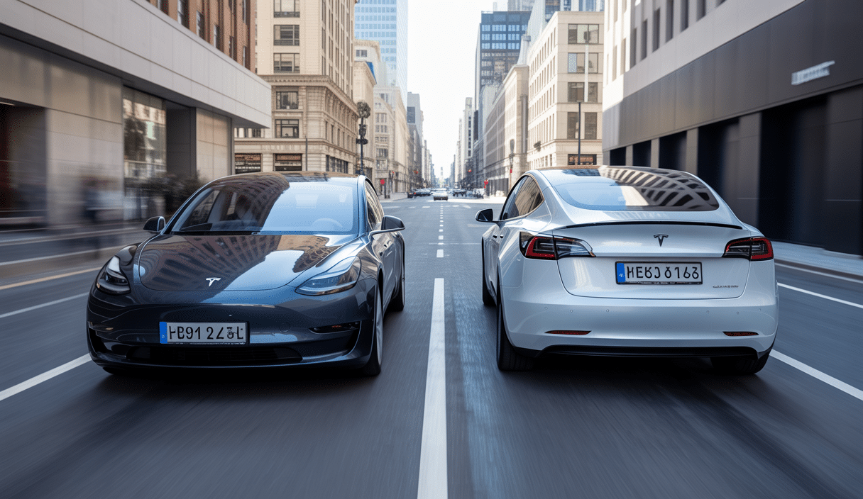 Tesla Model 3 et Model Y avec traitement céramique brillant sous lumière naturelle urbaine