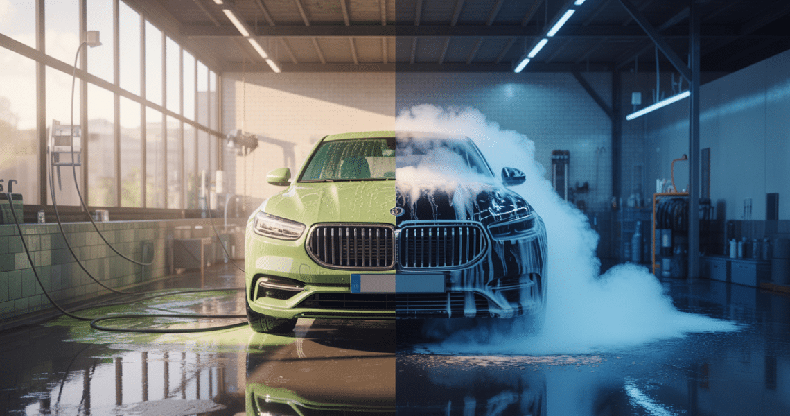 Comparaison environnementale du lavage auto intérieur par box location dans les Yvelines entre lavage traditionnel à l'eau et lavage vapeur