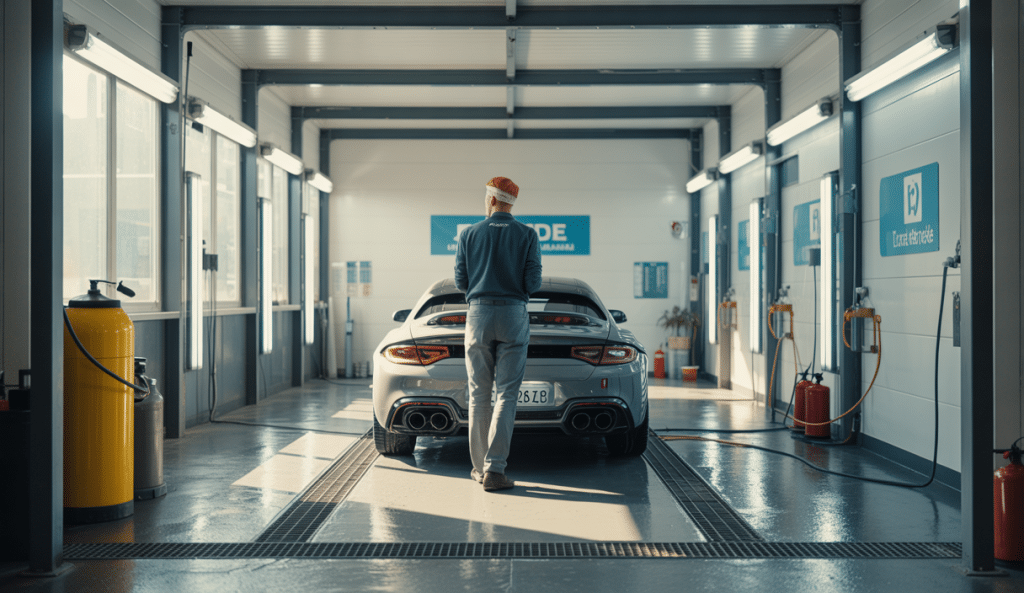 Box de lavage intérieur de voiture dans un centre dédié aux Yvelines avec un espace moderne, propre et lumineux équipé pour le detailing automobile