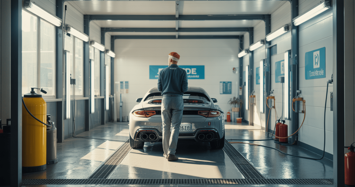 Box de lavage intérieur de voiture dans un centre dédié aux Yvelines avec un espace moderne, propre et lumineux équipé pour le detailing automobile