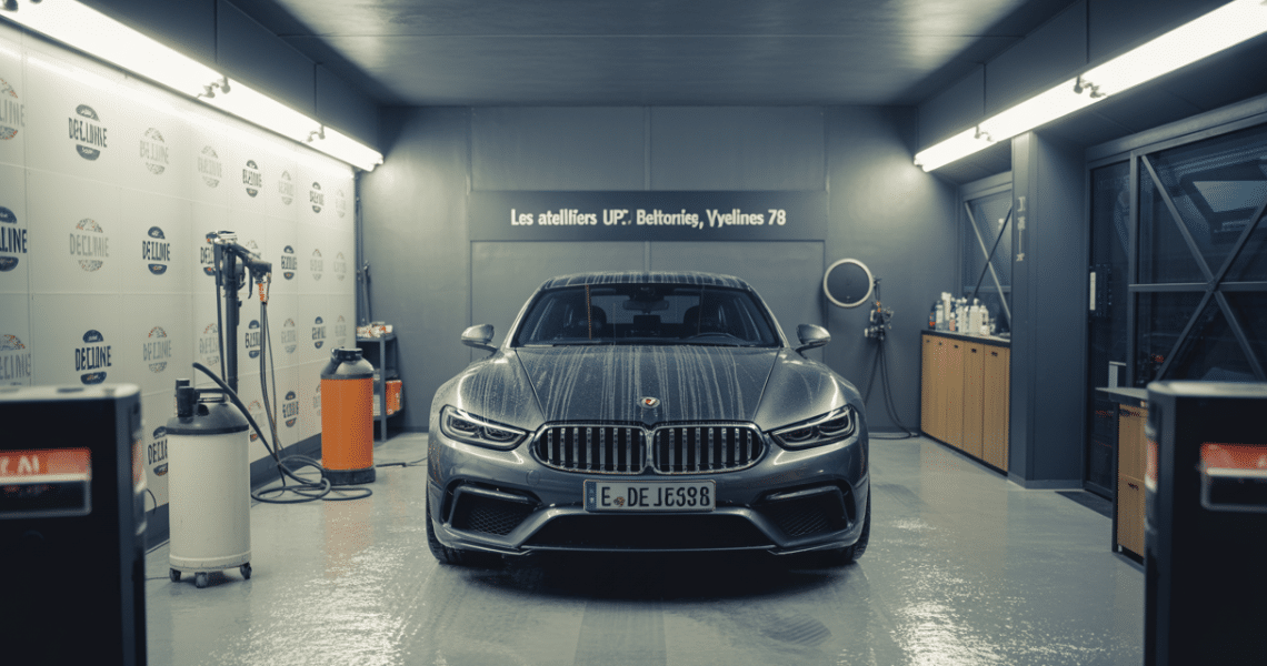 Box intérieur de lavage automobile haut de gamme dans les Yvelines avec équipements professionnels et atmosphère lumineuse