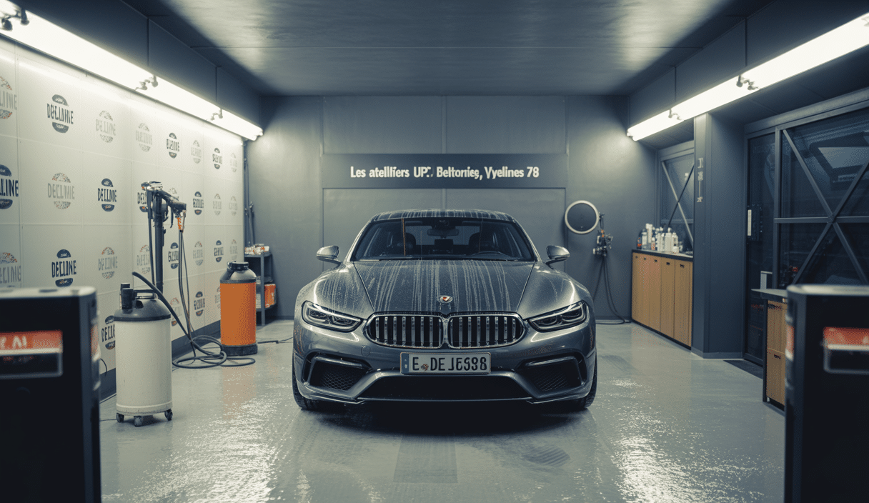 Box intérieur de lavage automobile haut de gamme dans les Yvelines avec équipements professionnels et atmosphère lumineuse