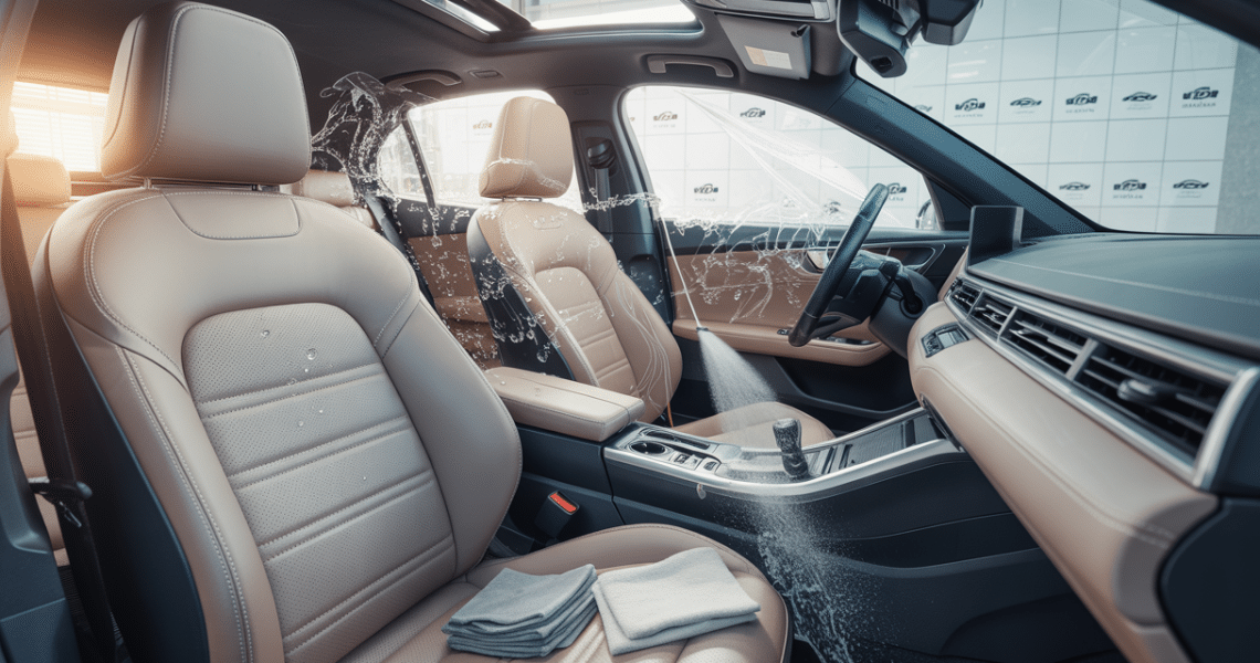 Interior car washing box in Yvelines with professional cleaning tools and materials for leather, fabric, and plastic surfaces