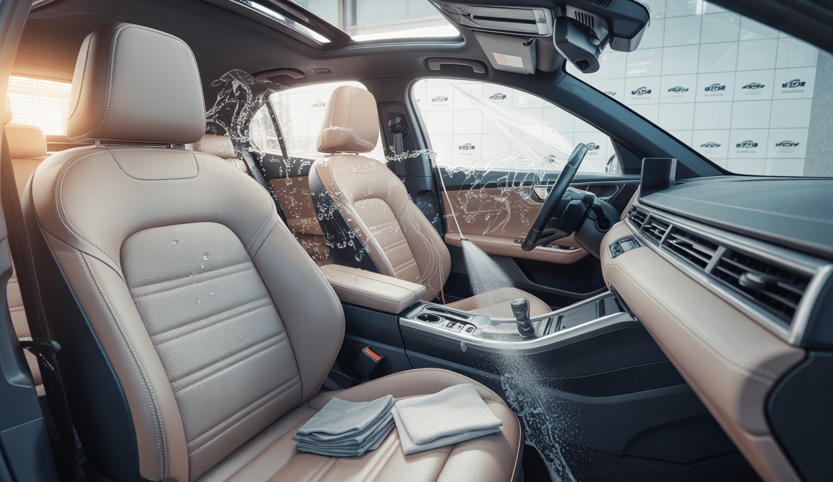 Interior car washing box in Yvelines with professional cleaning tools and materials for leather, fabric, and plastic surfaces