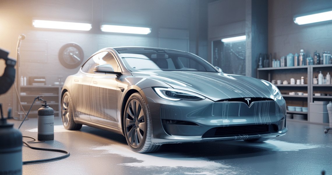 Tesla Model S garée en atelier avant traitement esthétique, masquage soigneux des capteurs et caméras, ambiance professionnelle avec éclairage doux
