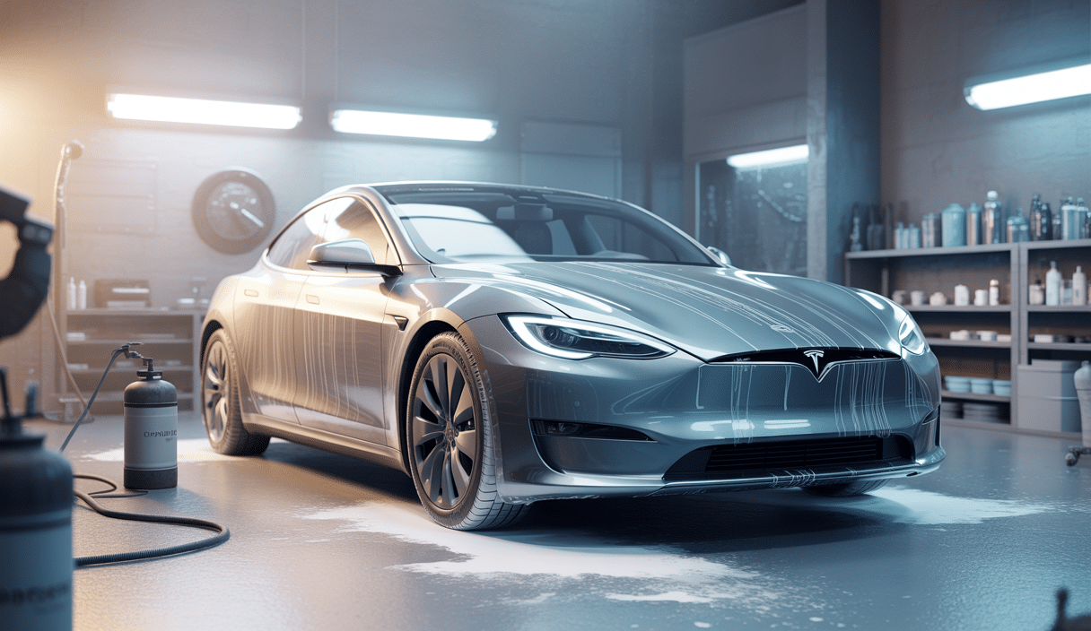 Tesla Model S garée en atelier avant traitement esthétique, masquage soigneux des capteurs et caméras, ambiance professionnelle avec éclairage doux