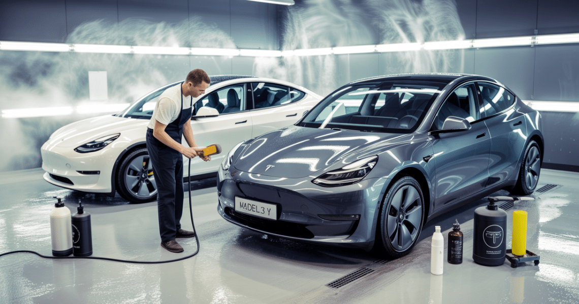 Tesla Model 3 et Model Y en train d'être décontaminées avant un traitement esthétique, avec mise en avant de la carrosserie brillante et protégée