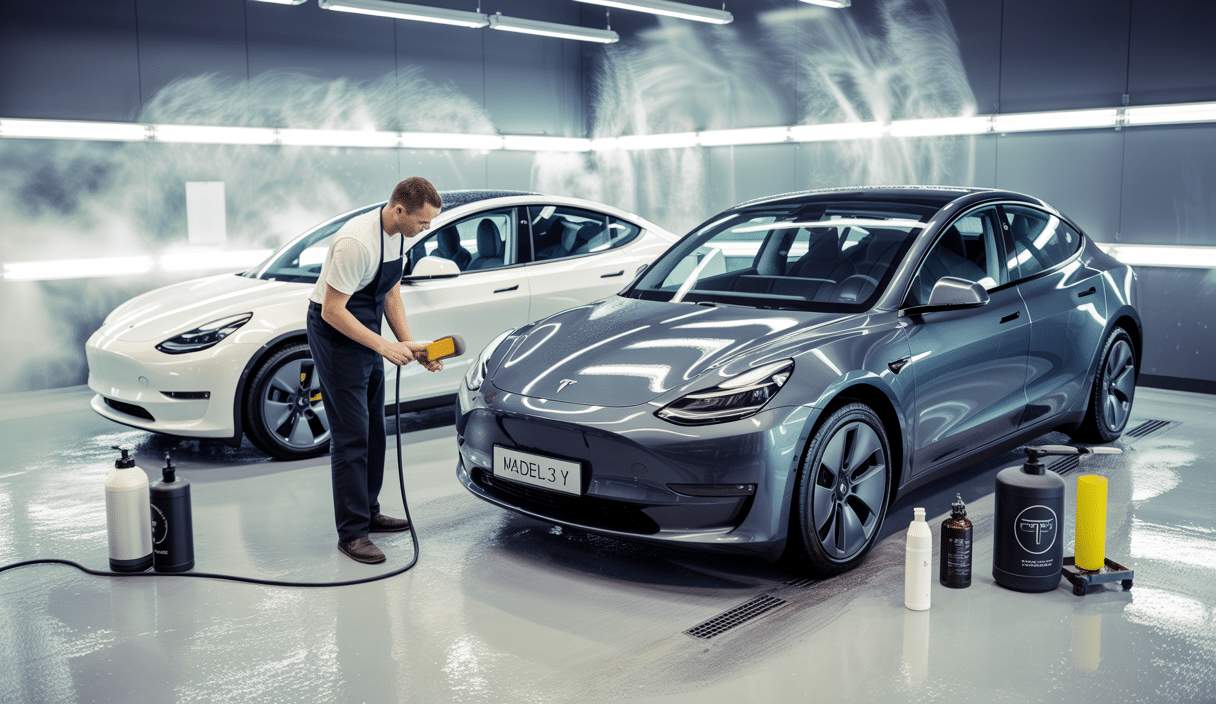 Tesla Model 3 et Model Y en train d'être décontaminées avant un traitement esthétique, avec mise en avant de la carrosserie brillante et protégée