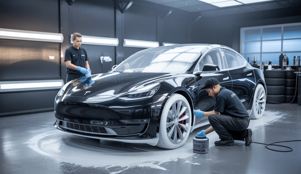 Tesla en préparation minutieuse avant traitement céramique esthétique, avec polissage précis et décontamination détaillée en atelier professionnel