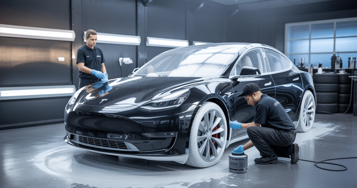 Tesla en préparation minutieuse avant traitement céramique esthétique, avec polissage précis et décontamination détaillée en atelier professionnel