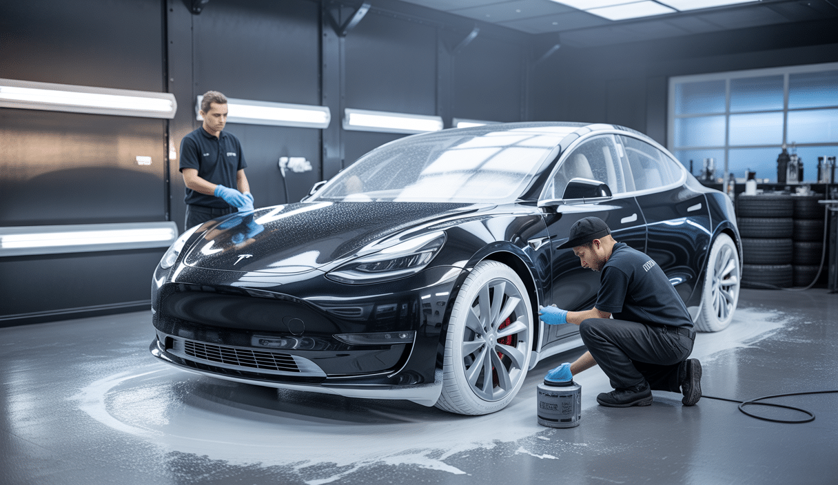 Tesla en préparation minutieuse avant traitement céramique esthétique, avec polissage précis et décontamination détaillée en atelier professionnel