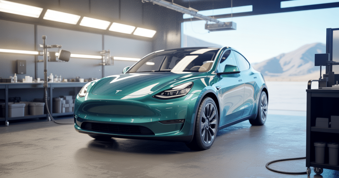 Tesla Model Y Juniper 2025 protégée avec traitement céramique Gtechniq ultra brillant dans un atelier de detailing moderne