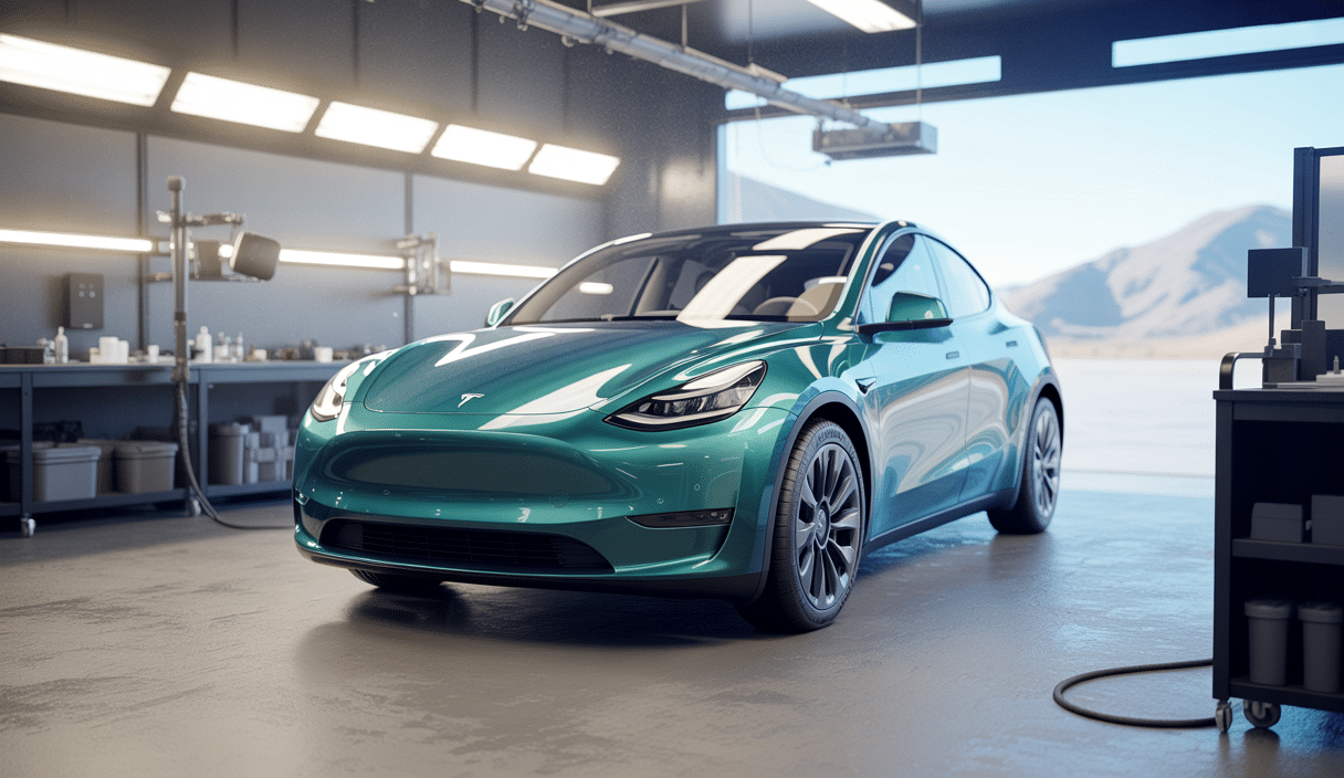 Tesla Model Y Juniper 2025 protégée avec traitement céramique Gtechniq ultra brillant dans un atelier de detailing moderne