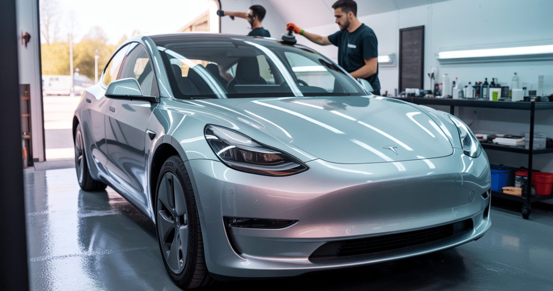 Tesla Model 3 protégée par un traitement céramique et polissage dans un centre de detailing des Yvelines, avec mise en valeur des détails de carrosserie et des jantes dans un atelier professionnel du 78