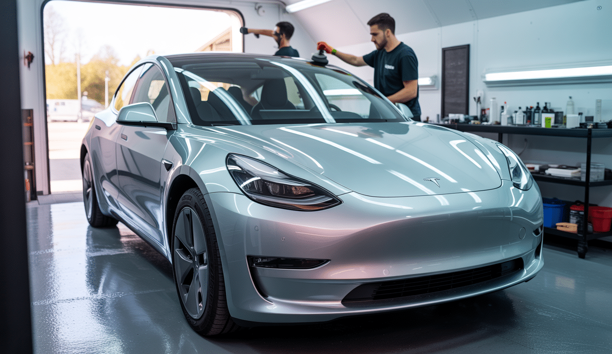 Tesla Model 3 protégée par un traitement céramique et polissage dans un centre de detailing des Yvelines, avec mise en valeur des détails de carrosserie et des jantes dans un atelier professionnel du 78