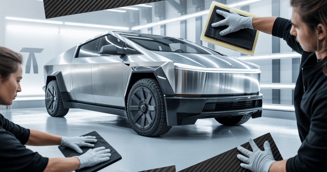 Tesla Cybertruck with forged carbon surfaces undergoing expert aesthetic preparation in a professional detailing setting