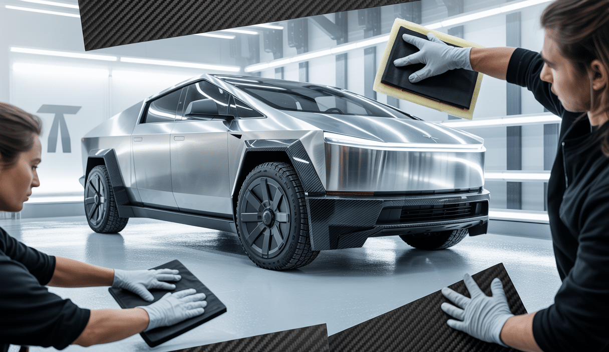 Tesla Cybertruck with forged carbon surfaces undergoing expert aesthetic preparation in a professional detailing setting