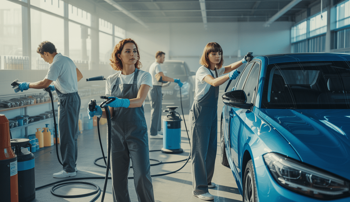 Un atelier de detailing automobile en self-service avec des personnes en train d'apprendre et d'appliquer des techniques pratiques d'entretien automobile, utilisant des équipements professionnels dans un environnement lumineux et organisé.