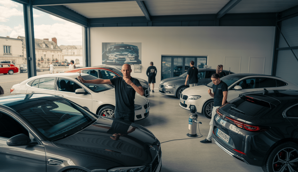 Atelier de detailing professionnel à Trappes avec formateurs encadrant des participants sur le lavage et polissage d'une voiture dans un espace moderne de 600m²