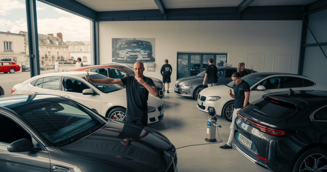 Atelier de detailing professionnel à Trappes avec formateurs encadrant des participants sur le lavage et polissage d'une voiture dans un espace moderne de 600m²