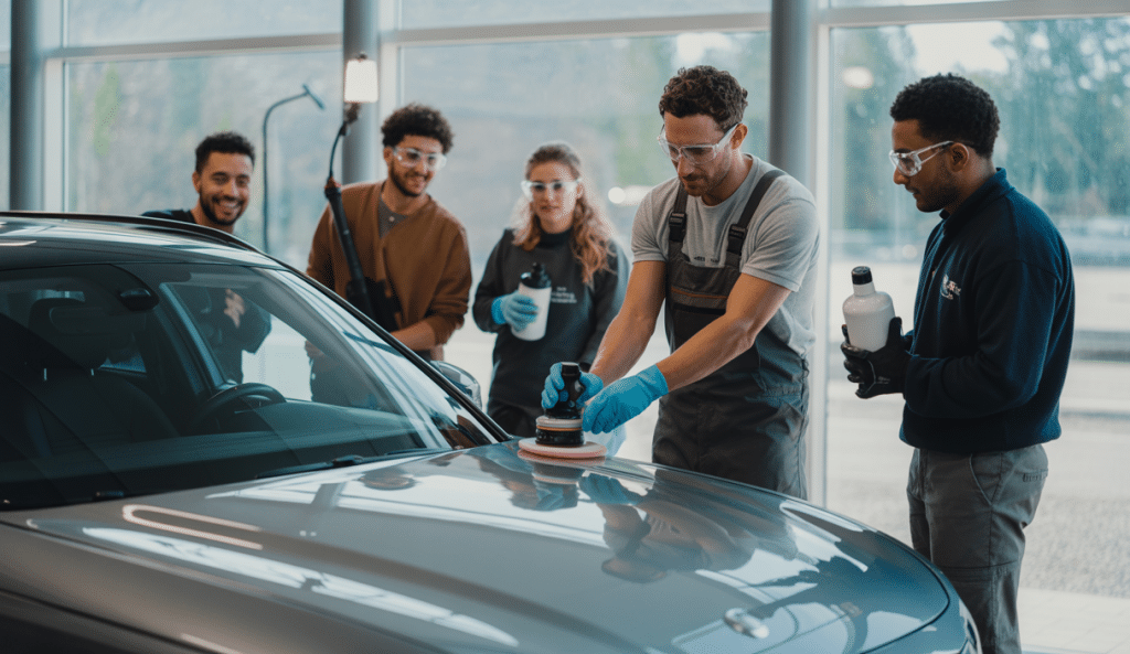 Un formateur professionnel encadre un atelier pratique de polissage et de pose de protection céramique pour véhicules, en conditions réelles, avec des participants en équipe dans un box dédié.