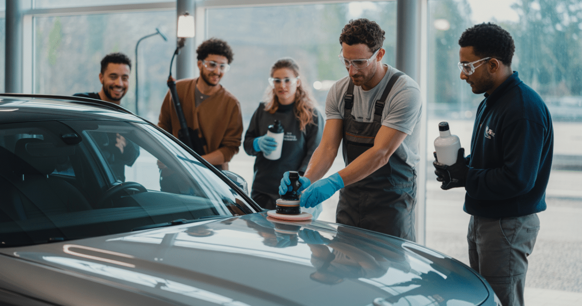 Un formateur professionnel encadre un atelier pratique de polissage et de pose de protection céramique pour véhicules, en conditions réelles, avec des participants en équipe dans un box dédié.