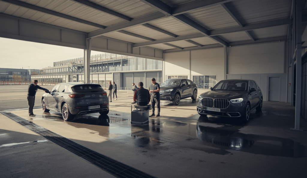 Atelier d'initiation au detailing automobile en Île-de-France avec des passionnés travaillant sur des voitures dans un centre moderne bien équipé.