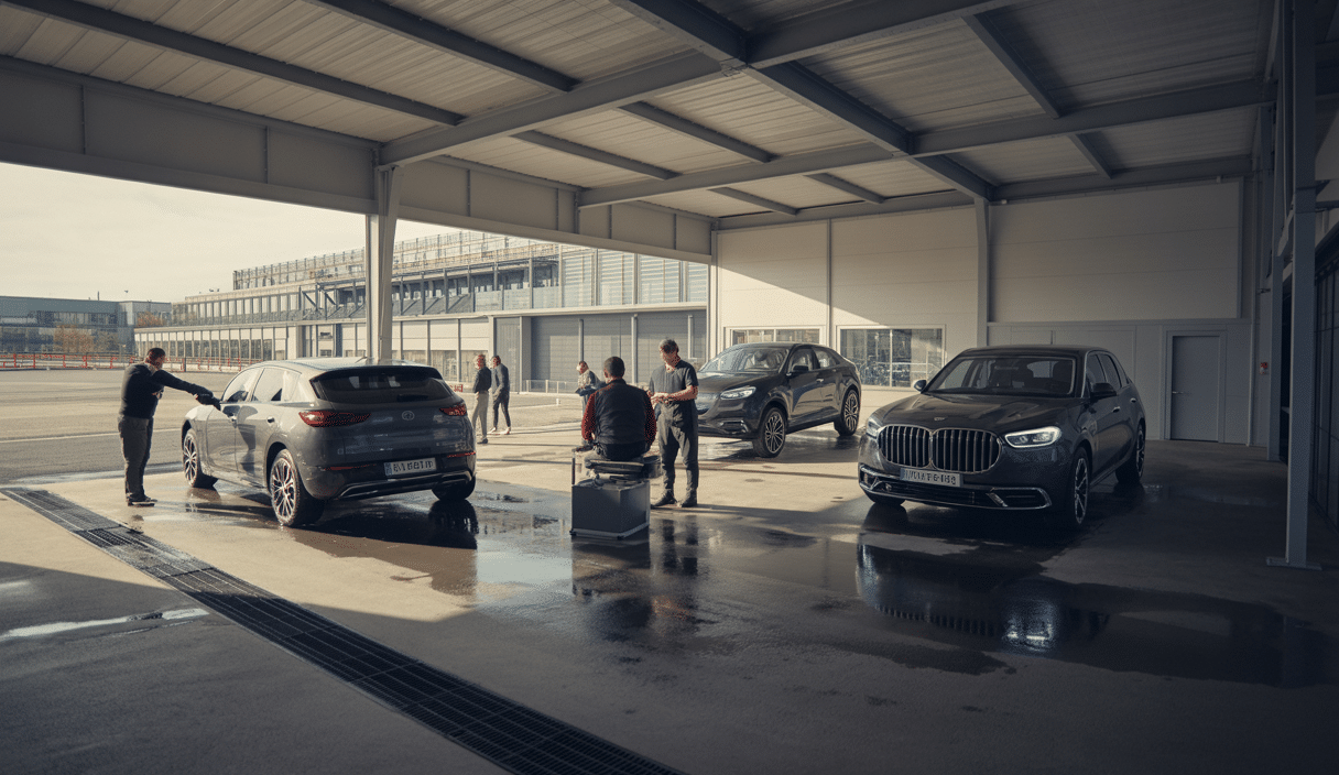 Atelier d'initiation au detailing automobile en Île-de-France avec des passionnés travaillant sur des voitures dans un centre moderne bien équipé.