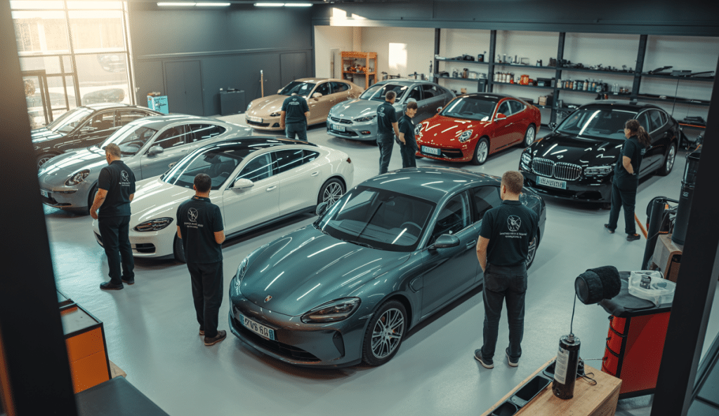 Atelier d’initiation au detailing automobile dans un grand espace moderne à Trappes, avec des passionnés travaillant sur des voitures sous la supervision de formateurs professionnels