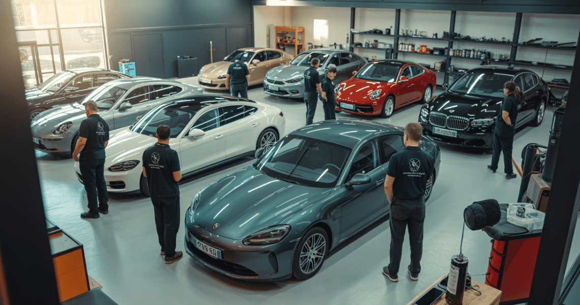 Atelier d’initiation au detailing automobile dans un grand espace moderne à Trappes, avec des passionnés travaillant sur des voitures sous la supervision de formateurs professionnels