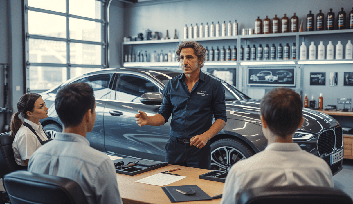 Illustration stylisée d’un formateur expert de detailing haut de gamme animant une formation personnalisée avec modules techniques et méthodes pédagogiques dans un atelier moderne de detailing automobile